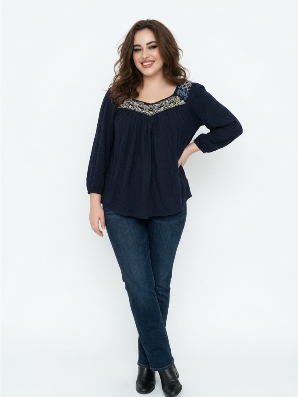 Lucky Brand Navy Blue Embroidered Peasant Blouse - Picture 2 of 8